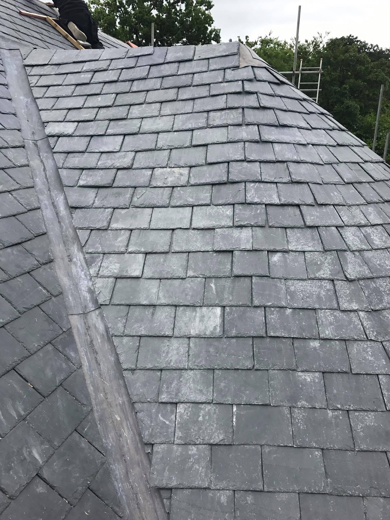 A close-up view of a gray slate tiled roof with a central ridge and some white marks. A builder and scaffolding are visible at the top edge, with lush green trees in the background—ideal for building maintenance projects.