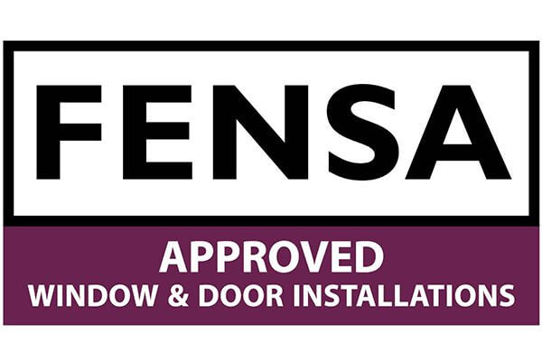 FENSA logo with bold black text in a box, above a purple banner reading "Approved Window & Door Installations" in white capitals—perfect for builders and property refurbishments.