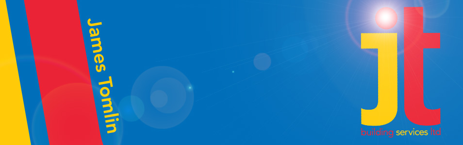Blue background with red and yellow vertical stripes on the left. "James Tomlin" is written vertically in yellow. On the right, a sunburst effect surrounds the "jt building services ltd" logo, highlighting Building Maintenance and Property Refurbishments.