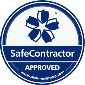 A blue and white circular badge with a stylized flower logo, reading "SafeContractor APPROVED" above the website "www.alcumusgroup.com"—ideal for companies in Building Maintenance or Property Refurbishments.