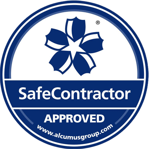 A blue and white circular badge with a stylized flower logo, reading "SafeContractor APPROVED" above the website "www.alcumusgroup.com"—ideal for companies in Building Maintenance or Property Refurbishments.